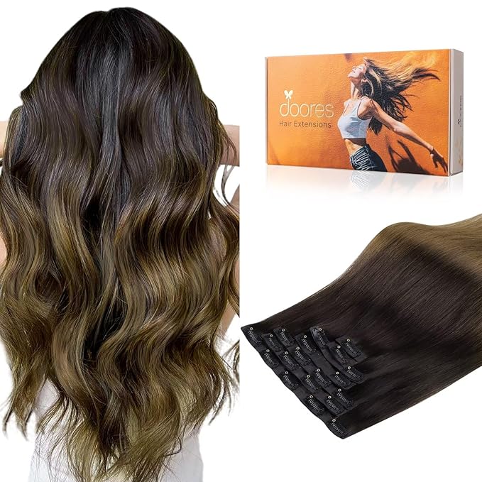 DOORES Seamless Clip-in Real Human Hair Extensions, Chocolate Dip Color Melt 20 Inch 110g 7pcs, Straight Hair Invisi Edge