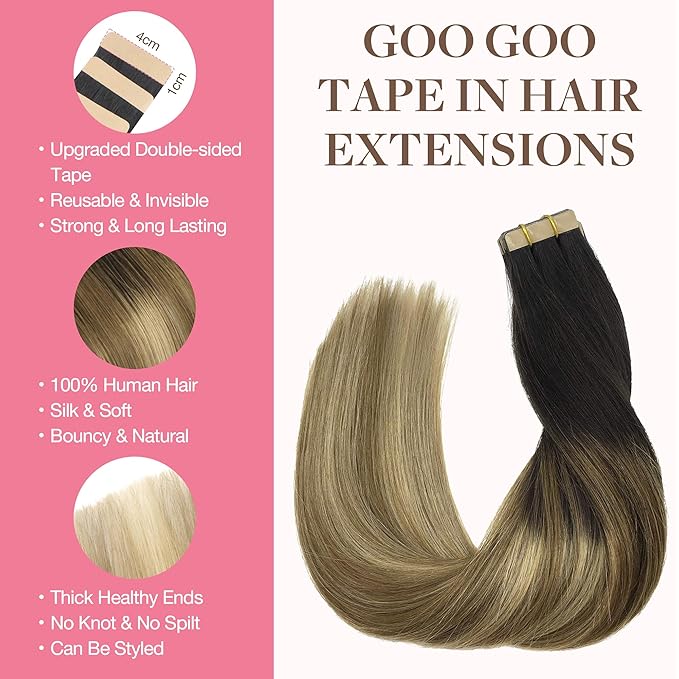 GOO GOO Tape in Hair Extensions Human Hair, 2/6/18 Balayage Brown to Dirty Blonde, 20inch 50g 20pcs, Thick Ends Straight Seamless, Invisible