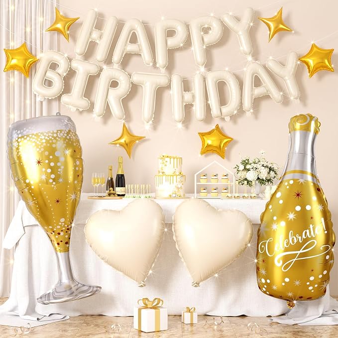 Cream Happy Birthday Balloons Banner, Champagne Bottle Glass Foil Balloon by Hapmori