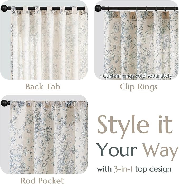 jinchan Blue Floral Linen Curtains 96 Inch Farmhouse Back Tab 2 Panels | Light - Image 4