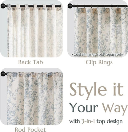 jinchan Blue Floral Linen Curtains 96 Inch Farmhouse Back Tab 2 Panels | Light - Image 4