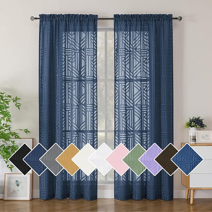 Simplebrand Navy Blue Semi Sheer Curtains 84 Inches Long 2 Panels, Light by Simplebrand