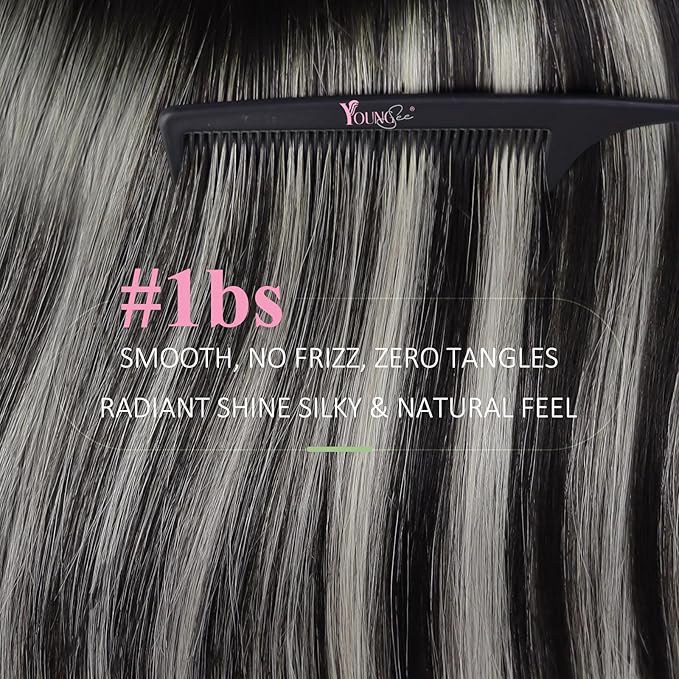 YoungSee Human Hair Tape in Extensions Black Ombre Invisible Tape-in Natural Hair Extensions Ombre Black to Silver Tape ins Hair Extension for Women 16 In 50g 20pcs Extensiones Adhesivas Pelo Humano