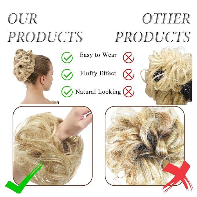 Large Messy Bun Hair Piece Curly Synthetic Extensions Scrunchies Fake Chignon Updo Hairpieces for Women Beige Blonde Highlights