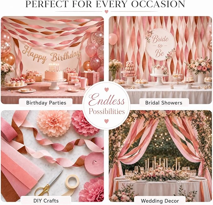 8 Rose Gold Streamers, 656ft Pack of Crepe Paper Party Decorations | Each roll - Image 5