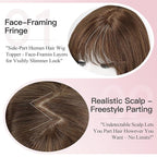 EMMOR Human Hair Toppers for Women Short Bob Real Hair with Bangs 10" Side Part Hairpieces for Women with Thin Hair 6.5" × 6.5" Larger Base Human Wig Toppers(Brown)