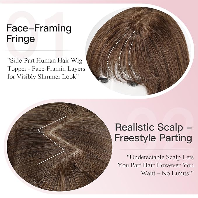 EMMOR Human Hair Toppers for Women Short Bob Real Hair with Bangs 10" Side Part Hairpieces for Women with Thin Hair 6.5" × 6.5" Larger Base Human Wig Toppers(Brown)
