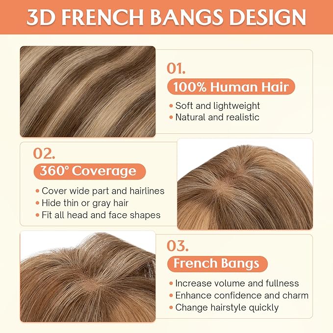 Benehair Clip in Bangs 100% Real Human Hair Extensions 360° Cover Clip on 3D Wispy Bangs for Women Topper Hairpieces for Women Medium Brown Highlights Dark Blonde