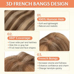 Benehair Clip in Bangs 100% Real Human Hair Extensions 360° Cover Clip on 3D Wispy Bangs for Women Topper Hairpieces for Women Medium Brown Highlights Dark Blonde