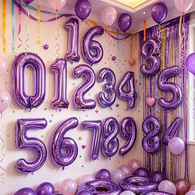 2 Set 20 Pcs Number Balloons 16 Inch Purple 0-9 Number Mylar Foil Balloons - Image 6