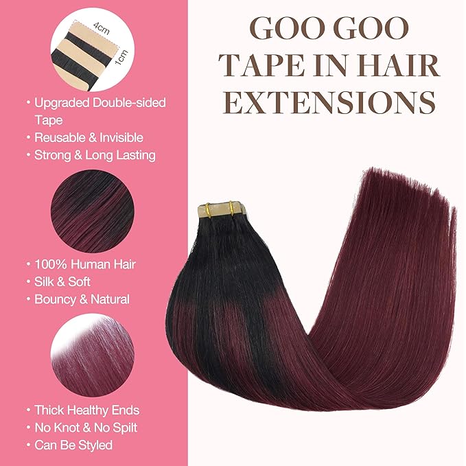 GOO GOO Tape in Hair Extensions Human Hair, 1/99 Balayage Jet Black to Red, 16inch 100g 40pcs, Skin Weft Seamless Invisible, Silky Straight with Thick Ends, Remy Human Hair