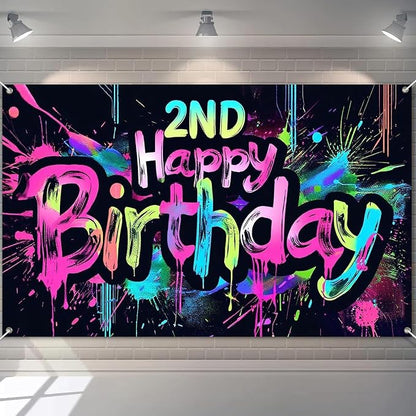 HOMETITUTE Neon 2nd Happy Birthday Party Banner 71x43 Inch Paint Splatter by HOMETITUTE