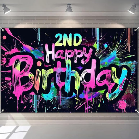 HOMETITUTE Neon 2nd Happy Birthday Party Banner 71x43 Inch Paint Splatter by HOMETITUTE