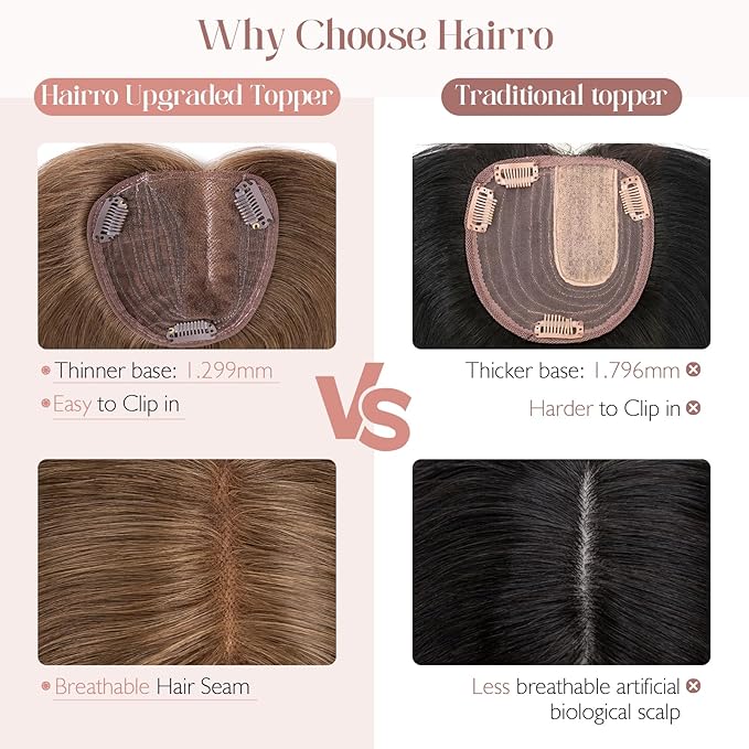 Hairro 100% Human Hair Topper No Bangs, Real Clip in Hair Hairpieces for Women, 3.94x4.72" Silk Base for Thinning Receding High Hairline, 10 Inch Mocha Brown Side Part