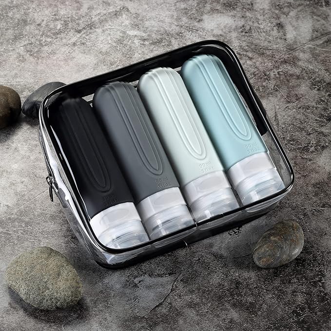 Travel Bottles for Toiletries, Tsa Approved 3oz Travel Size Containers BPA Free Leak Proof Refillable Liquid Silicone Squeezable Travel Accessories for Shampoo Conditioner Lotion (4 Pack)