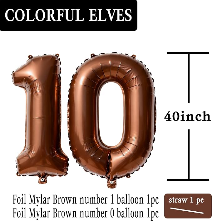 Brown Number 10 Balloons 40 Inch Giant Brown 10 Foil Mylar Balloons - Image 2