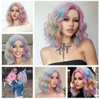 BUFASHION 14" Women Short Rainbow Kinky Straight Cosplay Synthetic Wigs With Air Bangs 46 Colors Available (Rainbow)