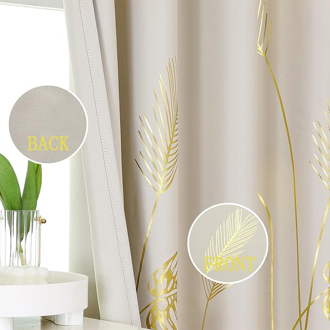 Gold Wheat and Leaf Printed Curtains Light Blocking Curtains Thermal Insulated - Image 3