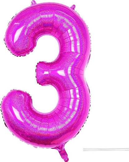 Hot Pink 3 Balloon, 40 Inch Large Laser Hot Pink Foil Helium Number Balloons 0-9 by KYGNE