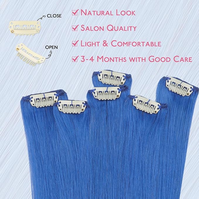 WENNALIFE Blue Clip in Hair Extensions Real Human Hair 35g 6pcs 16 Inch Colored Hair Extensions for Kids Women Colorful Hair Pieces Pop-up Style Straight Extensiones De Cabello Humano Con Clip
