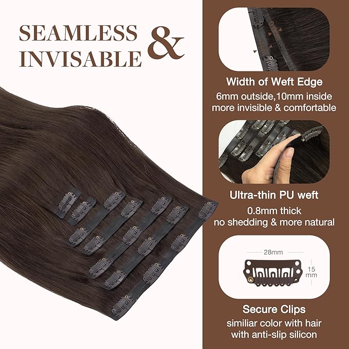 GOO GOO Clip in Hair Extensions Real Human Hair, Remy Human Hair Extensions Clip ins for Women, Natural Human Hair, 24inch 160g 7Pcs, 2A Light Brown