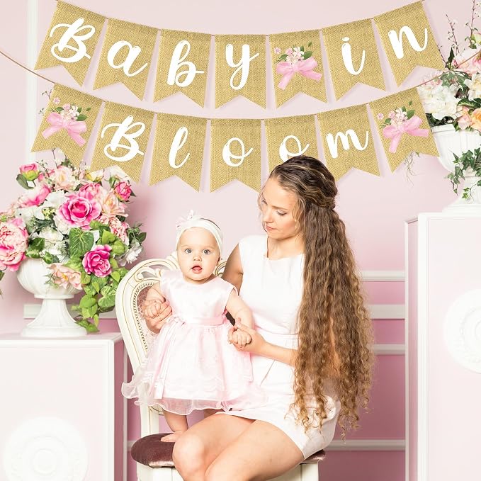 ANGOLIO 2Pcs Baby in Bloom Pink Bow Banner, Floral Baby Shower Gender Reveal - Image 4