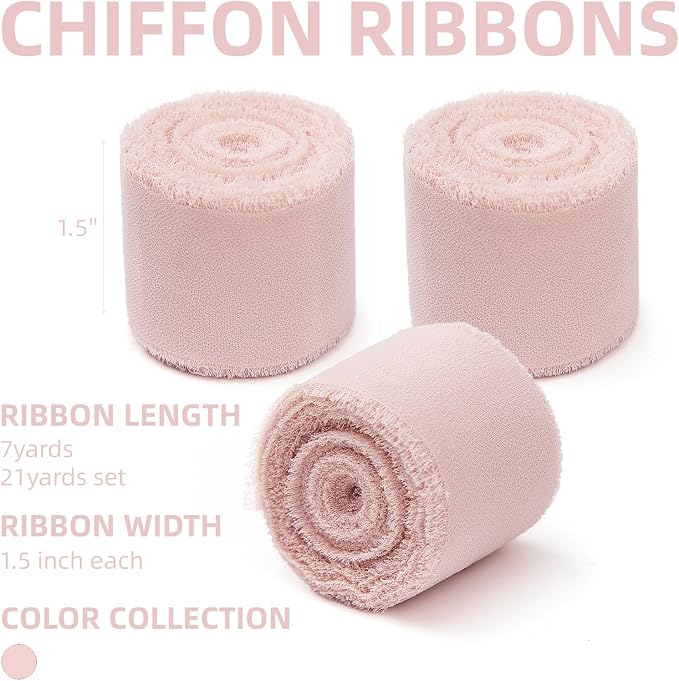 KEOSREE 3 Rolls Light Pink Handmade Chiffon Ribbon, 1.5" x21Yd | Frayed Fringe - Image 2