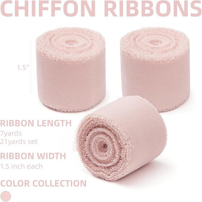 KEOSREE 3 Rolls Light Pink Handmade Chiffon Ribbon, 1.5" x21Yd | Frayed Fringe - Image 2