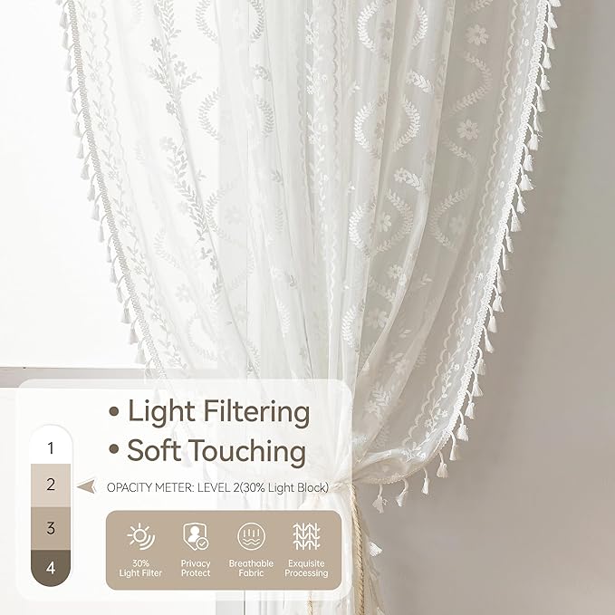 WAZZIO White Boho Lace Curtains 96 Inch -Cute Vintage Victorian Sheer Panel - Image 4