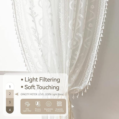 WAZZIO White Boho Lace Curtains 96 Inch -Cute Vintage Victorian Sheer Panel - Image 4
