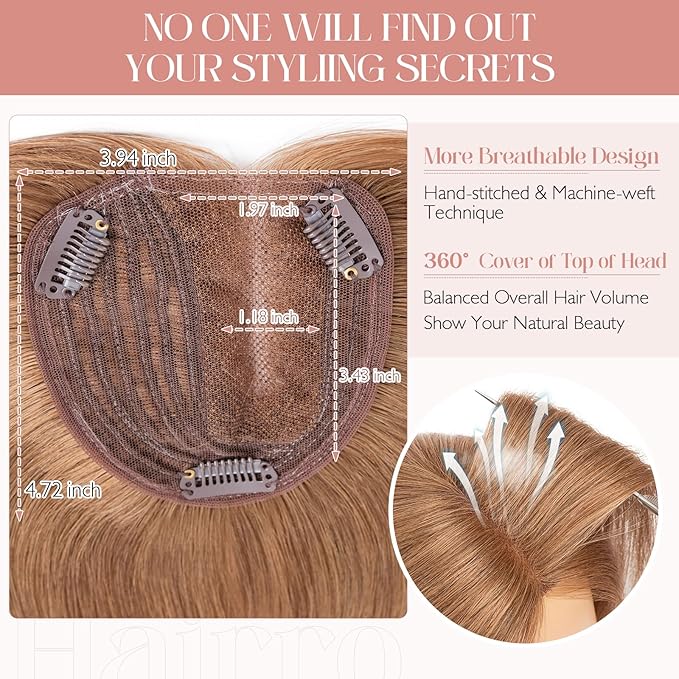 Hairro 100% Human Hair Topper No Bangs, Real Clip in Hair Hairpieces for Women, 3.94x4.72" Silk Base for Thinning Receding High Hairline, 12 Inch Light Brown Side Part