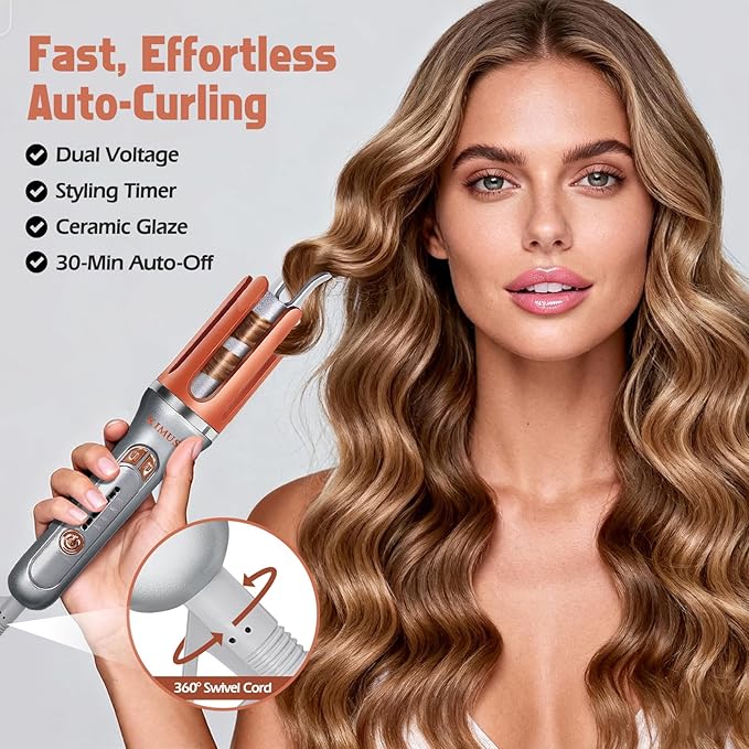 KIMUSE Automatic Rotating Curling Iron, 1.25 Inch - 4 Temp, Fast Heating, 2-Way Rotation, Anti-Scald & Tangle-Free, 30Min Auto Shut-Off, Dual Voltage for Travel, for All Hair Types & Beginners