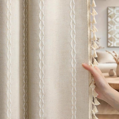 Boho 100% Blackout Curtains 72 Inch 2 Panels Linen Blend Beige | Vintage - Image 2