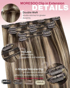 Moresoo Real Human Hair Clip in Extensions Dark Brown Honey Blonde Highlights Clip ins Human Hair Chocolate Brown to Honey Blonde Short Remy 80g/5pcs 12 inch