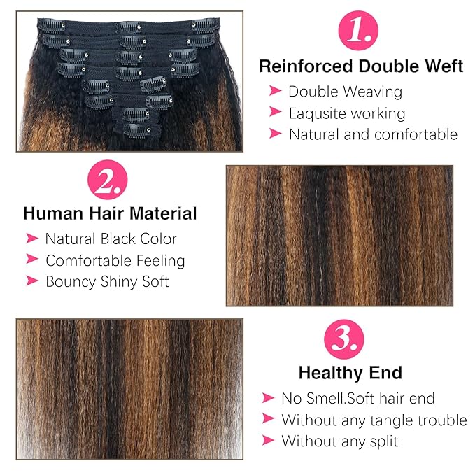 Kinky Straight Clip in Hair Extensions Real Human Hair For Women Highlight Hair Extensions Kinky Straight Clip ins (24inch,T1BP1B/30)