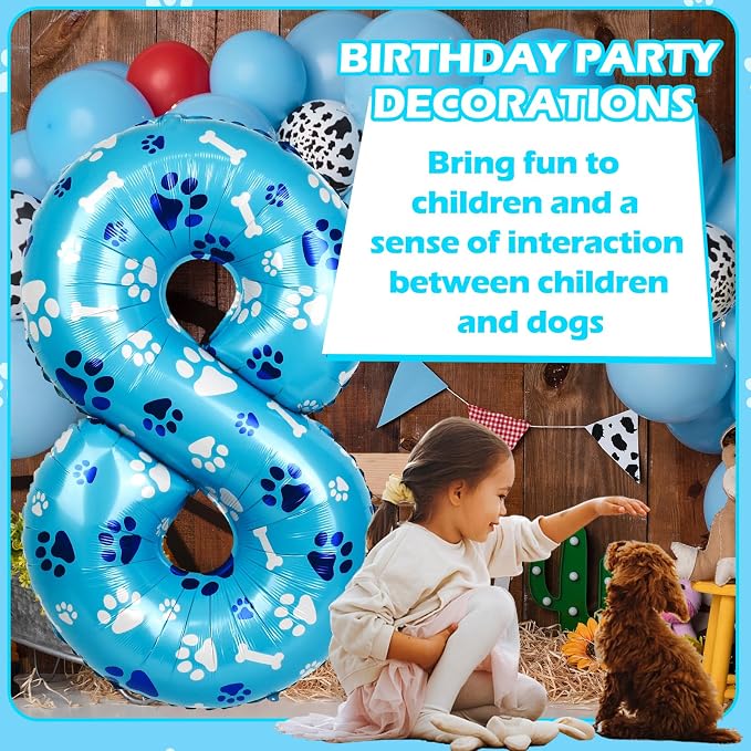 40 Inch Blue Dog Paw Birthday Balloons, Number 8 Balloons - Image 7