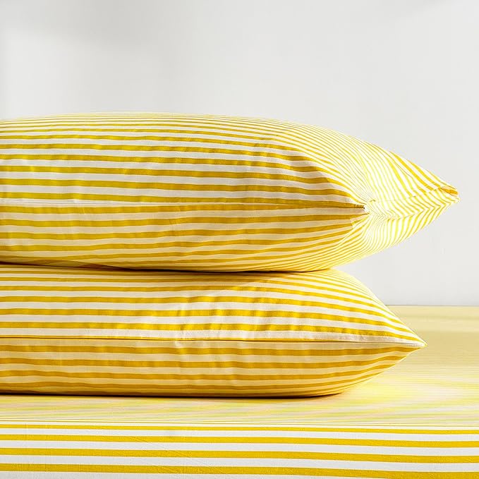 JELLYMONI 100% Natural Cotton Striped Standard Pillowcases Set, 2 Pack Bright Yellow Stripes Pattern Printed Pillow Covers with Envelope Closure(Pillows are not Included)
