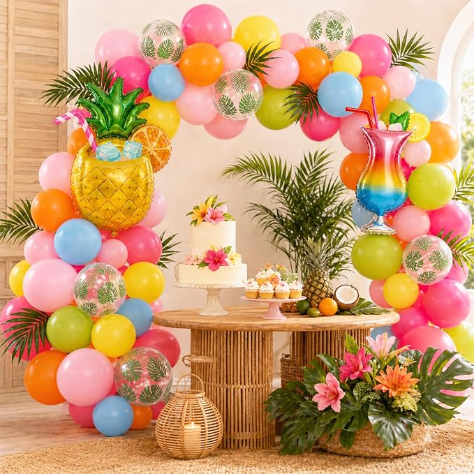 Tropical Balloons, 12 Inch Blue Hot Pink Yellow Orange Green Pink Balloons - Image 4