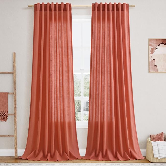 Coral Linen Curtains 108 Inches Long 2 Panels Set Back Tab Loop Pocket Light by Nanspring