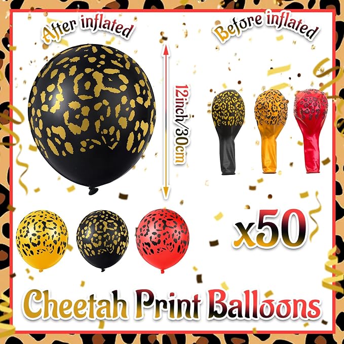 Gejoy 50 Pcs Cheetah Balloons Gold Black Red Leopard Print Balloons 12 Inch - Image 2