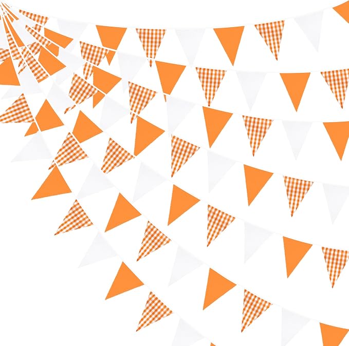 32Ft Orange Party Decorations Orange Buffalo Plaid Checkered White Triangle by pinkblume