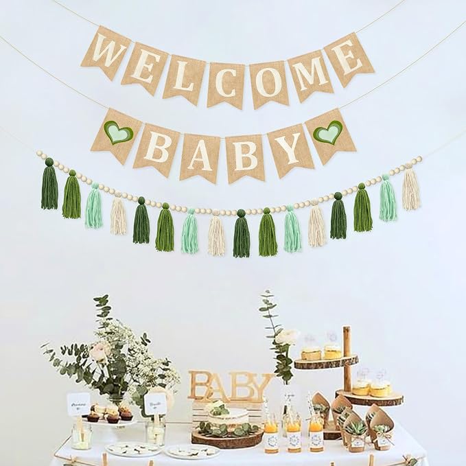 Baby Shower Burlap Pennant Banner Flag Felt Welcome Baby Sign Ombre Sage Green - Image 7