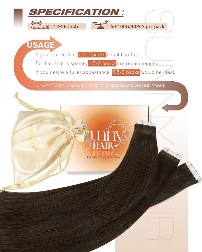 Sunny Hair Brown Tape in Hair Extensions Human Hair 12 inch Remy Hair Extensions Tape in Thick End Tape ins Human Hair Extensions 40Pcs 60g