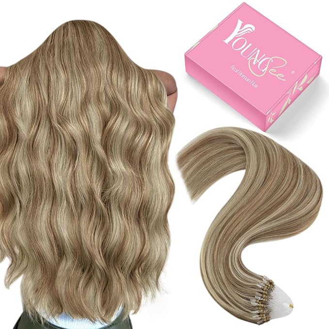 YoungSee Micro Bead Hair Extensions Real Human Hair Highlight Microbead Hair Extensions Human Hair Light Brown Mix Blonde Highlight Micro Link Hair Extension Remy Hair Silky Straight 22Inch 50s 50g