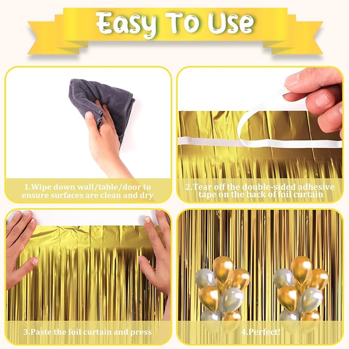 Voircoloria Dark Gold Foil Fringe Backdrop Curtains, 3 Pack | Tinsel Streamers - Image 3