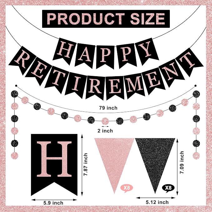 Happy Retirement Banner Rose Gold and Black Retirement Banner Glittery Pennant - Image 2