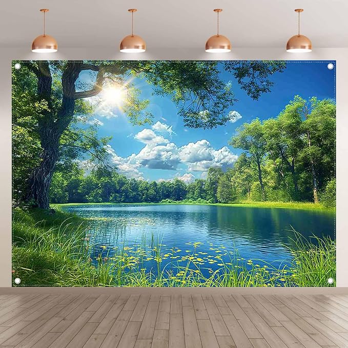 Fabric 7x5ft Lake Natural Scenery Backdrop River Camp Banner | Mountain Forest - Image 2