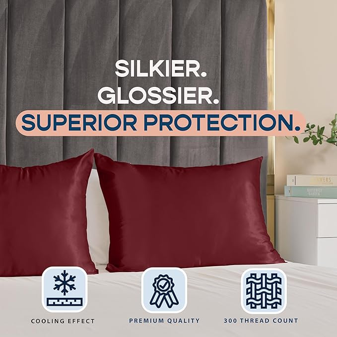 BLISSFORD Satin Pillowcase with Zipper, for Hair and Skin Care, Feels Soft and Cool Like a Silk Pillowcase, Satin Pillow Cases 2 Pack, Slik Pillow Cover, Burgundy, King, Set of 2