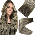 Full Shine Short Hair Extension Clip ins Brown Ombre Hair Clip in Extensions with PU Weft Ash Brown Balayage Blonde Remy Hair for Women 12 Inch 8 PCS 95 G