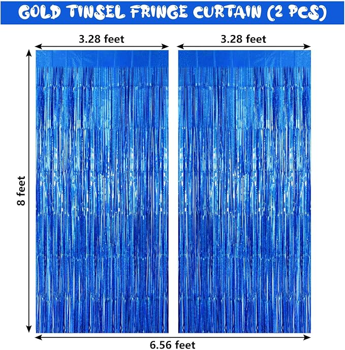 Blue Tinsel Foil Fringe Curtain Backdrop, 3.3 x 8.2 ft Metallic Glitter Curtain - Image 3